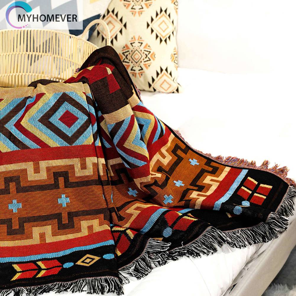 Thảm Cotton Dệt Kim Họa Tiết Thổ Cẩm Phối Tua Rua Có Thể Gấp Gọn Tiện Dụng Mang