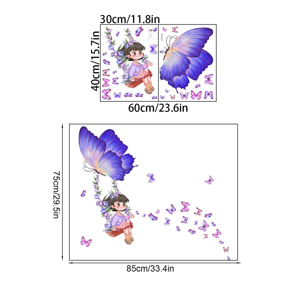 Set 2 Miếng Dán Tường Trang Trí Hình Cô Gái Và Bươm Bướm Tự Dính Tháo Rời Được