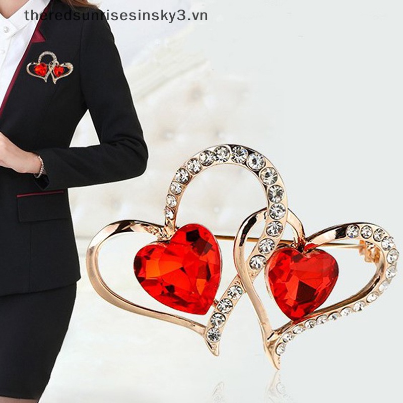 Ghim Cài Áo Hình Trái Tim Đôi Đính Đá Pha Lê Thời Trang