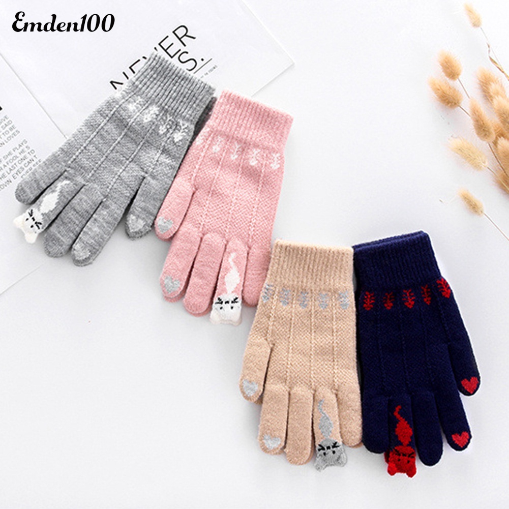 [EMDEN] Găng Tay Dệt Kim Hình Mèo Hoạt Hình Dễ Thương Có Thể Chạm Màn Hình Cảm Ứng