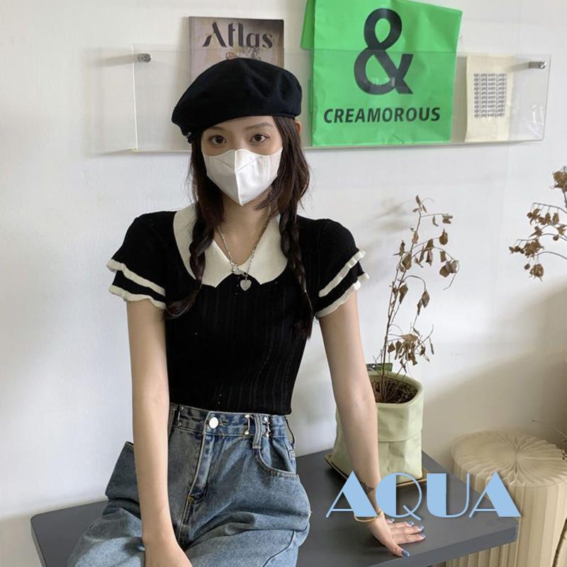 Áo Dệt Kim Tay Ngắn Cổ Búp Bê Màu Sắc Tương Phản Thời Trang Cho Nữ