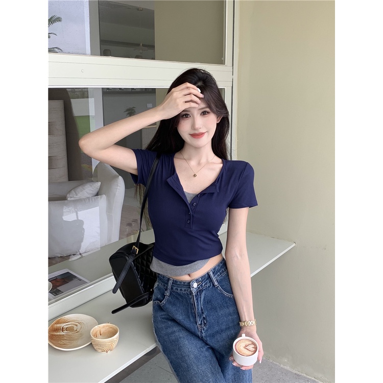 Áo Thun Ngắn Tay Giả Hai Lớp Phong Cách Retro Nữ Tính