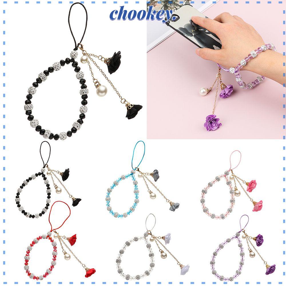 CHOOKEY Mobile Ốp Điện Thoại Đính Pha Lê Họa Tiết Hoa Kèm Móc Khóa &amp; Dây Đeo Tua Rua Thời Trang