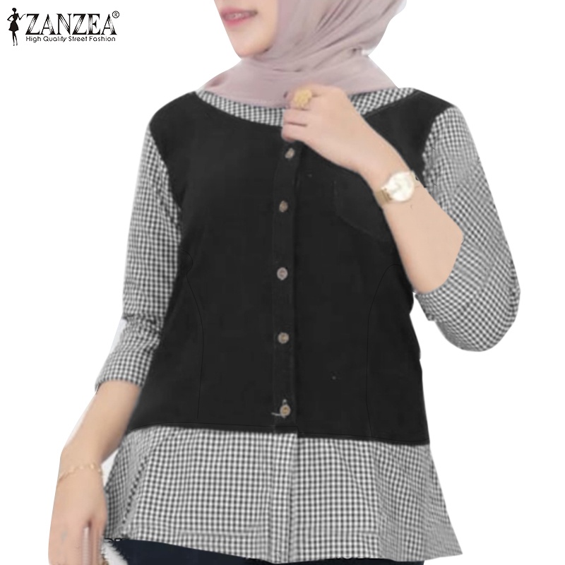 Zanzea Áo Sơ Mi Denim Dài Tay Họa Tiết Ca Rô Thời Trang Dành Cho Nữ