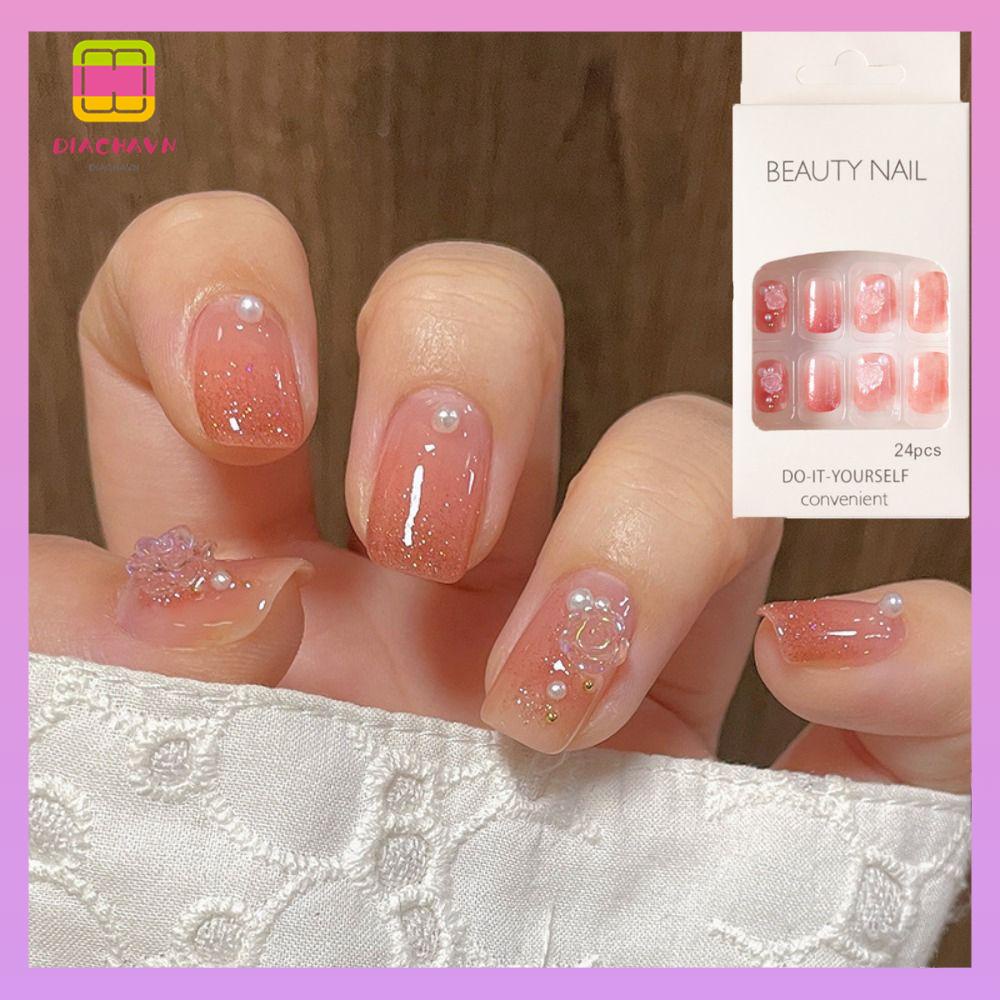 DIACHAVN Bộ 24 Móng Tay Giả Hình Vuông Che Phủ Toàn Diện Tháo Rời Được