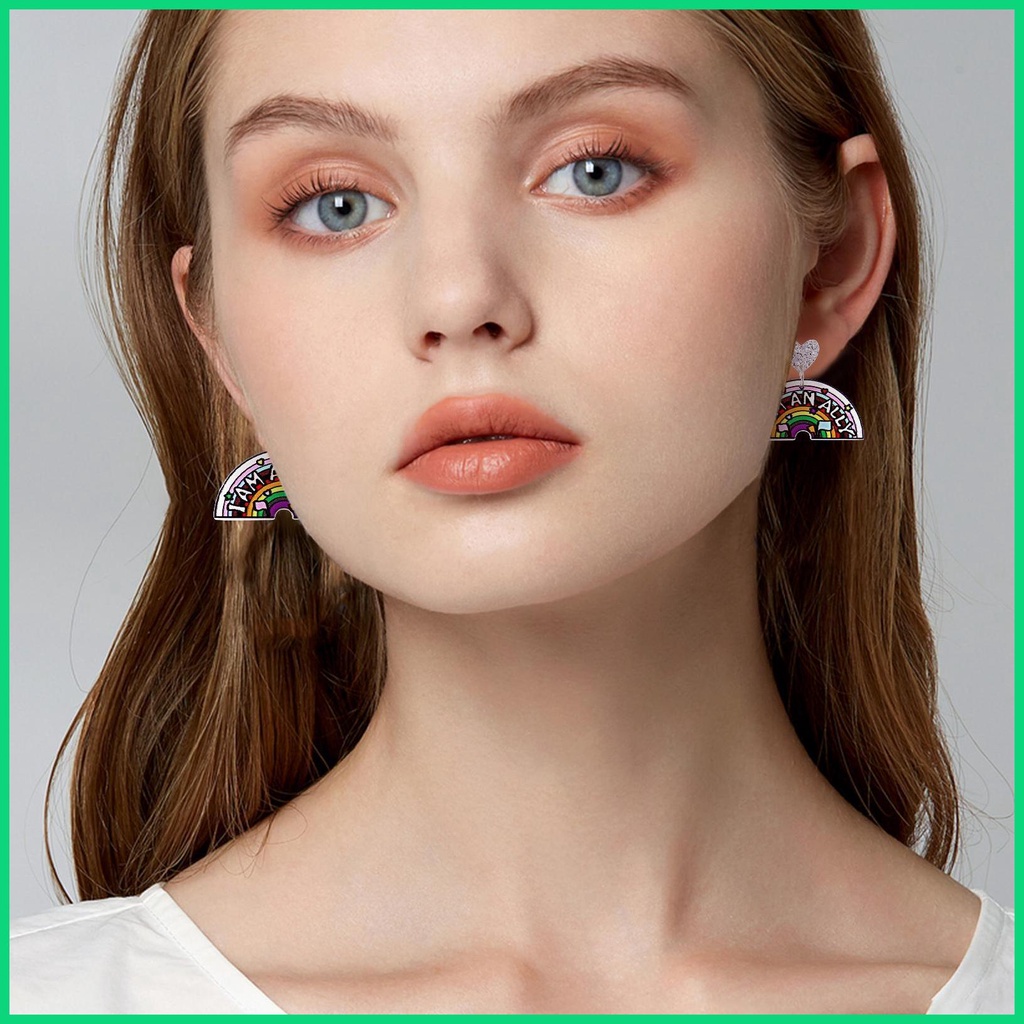 Bông Tai Dáng Dài Hình Trái Tim Màu Cầu Vồng Thời Trang