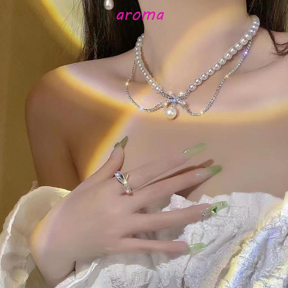 AROMA Vòng Cổ Choker Hai Lớp Thắt Nơ Đính Đá Thời Trang Thanh Lịch Dành Cho Nữ