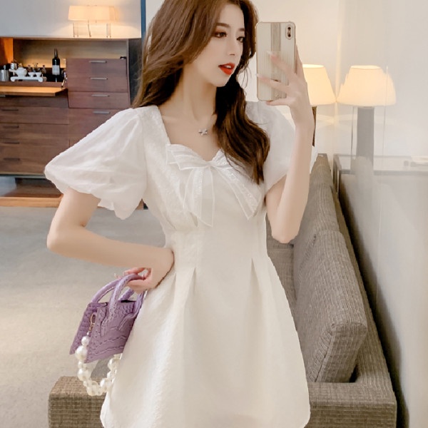 Đầm Công Chúa Cổ Vuông Đính Nơ Thiết Kế Mới Ngọt Ngào Thời Trang Mùa Hè Dành Cho Nữ