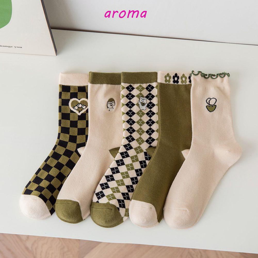 AROMA Vớ Thể Thao Ngắn Thêu Họa Tiết Động Vật Hoạt Hình Màu Tương Phản Cho Nữ