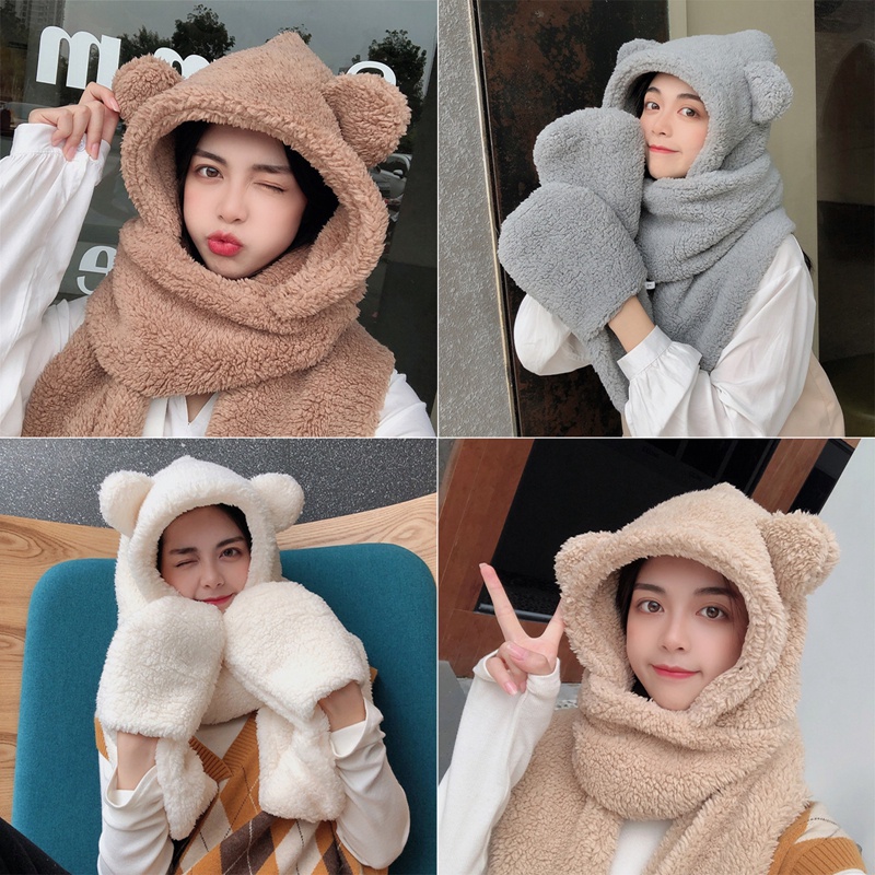 Ygt Mũ Beanie Màu Trơn Đính Tai Gấu Bông Dễ Thương Thời Trang Mùa Đông Cho Nữ