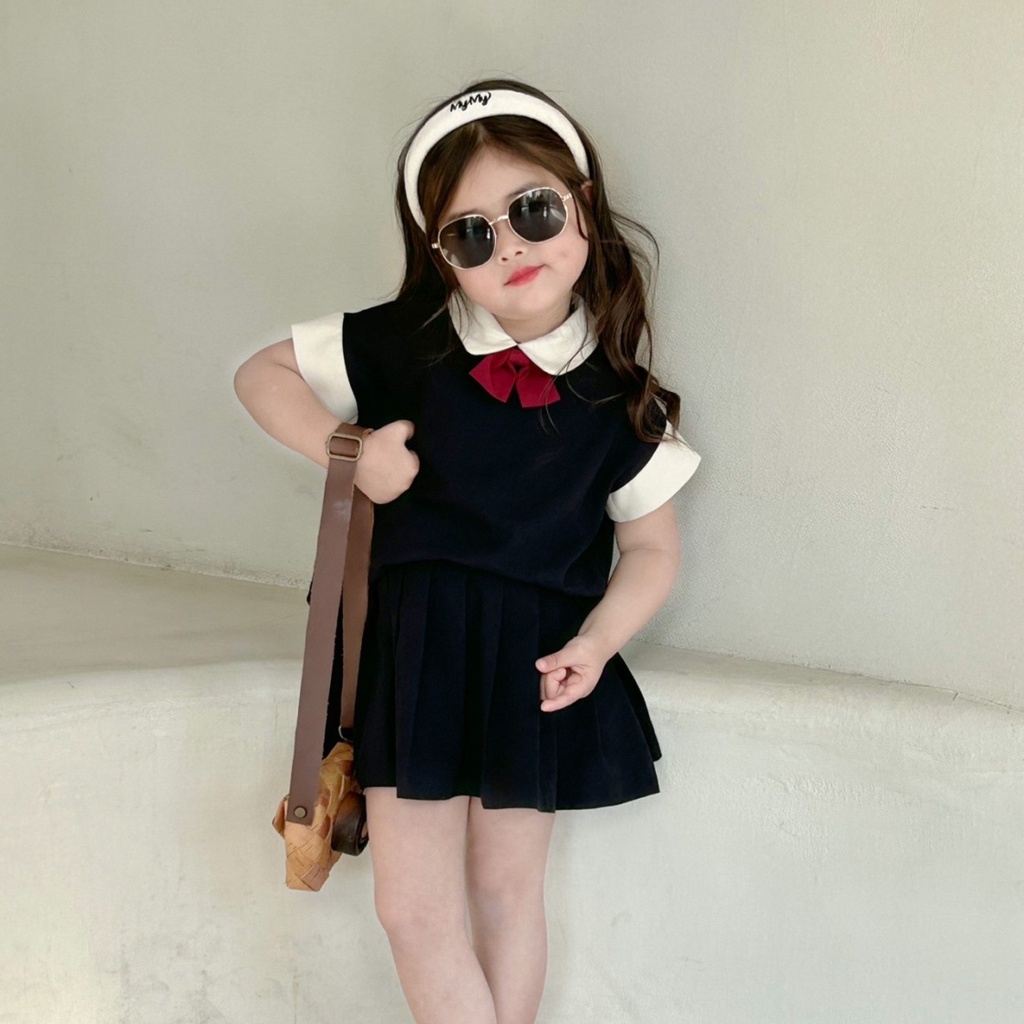 Bộ Áo Thun + Chân Váy Xếp Ly Phong Cách Preppy Thời Trang Mùa Hè 2023 Mới