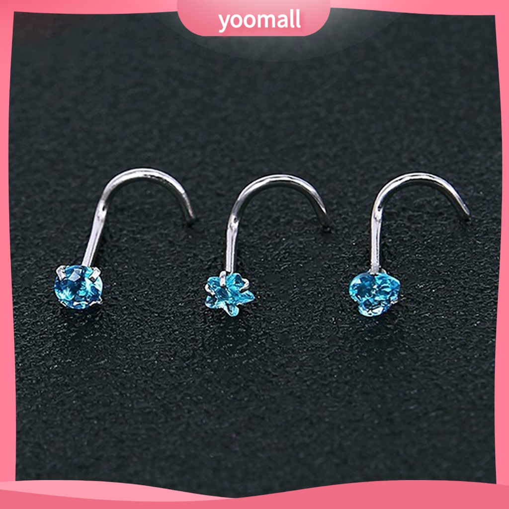 Bộ 3 Khuyên Mũi Bằng Thép Không Gỉ Đính Đá Zircon Hình Ngôi Sao / Trái Tim