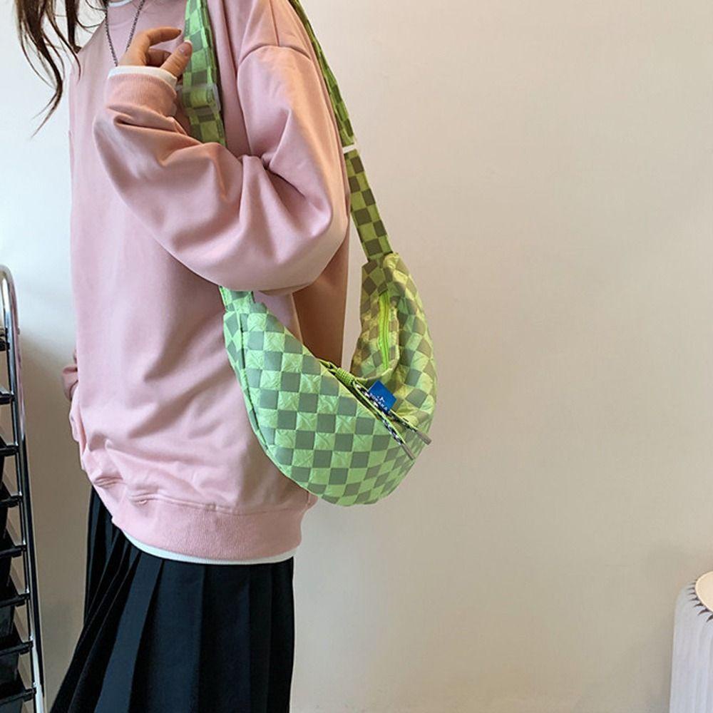 FALLFORBEAUTY Túi Đeo Chéo Bằng Nylon Mềm Nhẹ Họa Tiết Sọc Caro Hình Bán Nguyệt Và Mặt Trăng