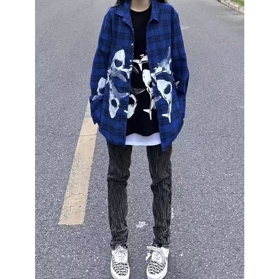 Áo Khoác Sơ Mi Dáng Rộng Họa Tiết Cá Mập Xanh Dương Phong Cách Retro Đường Phố Hàn Quốc Thời Trang Mùa Hè Dành Cho