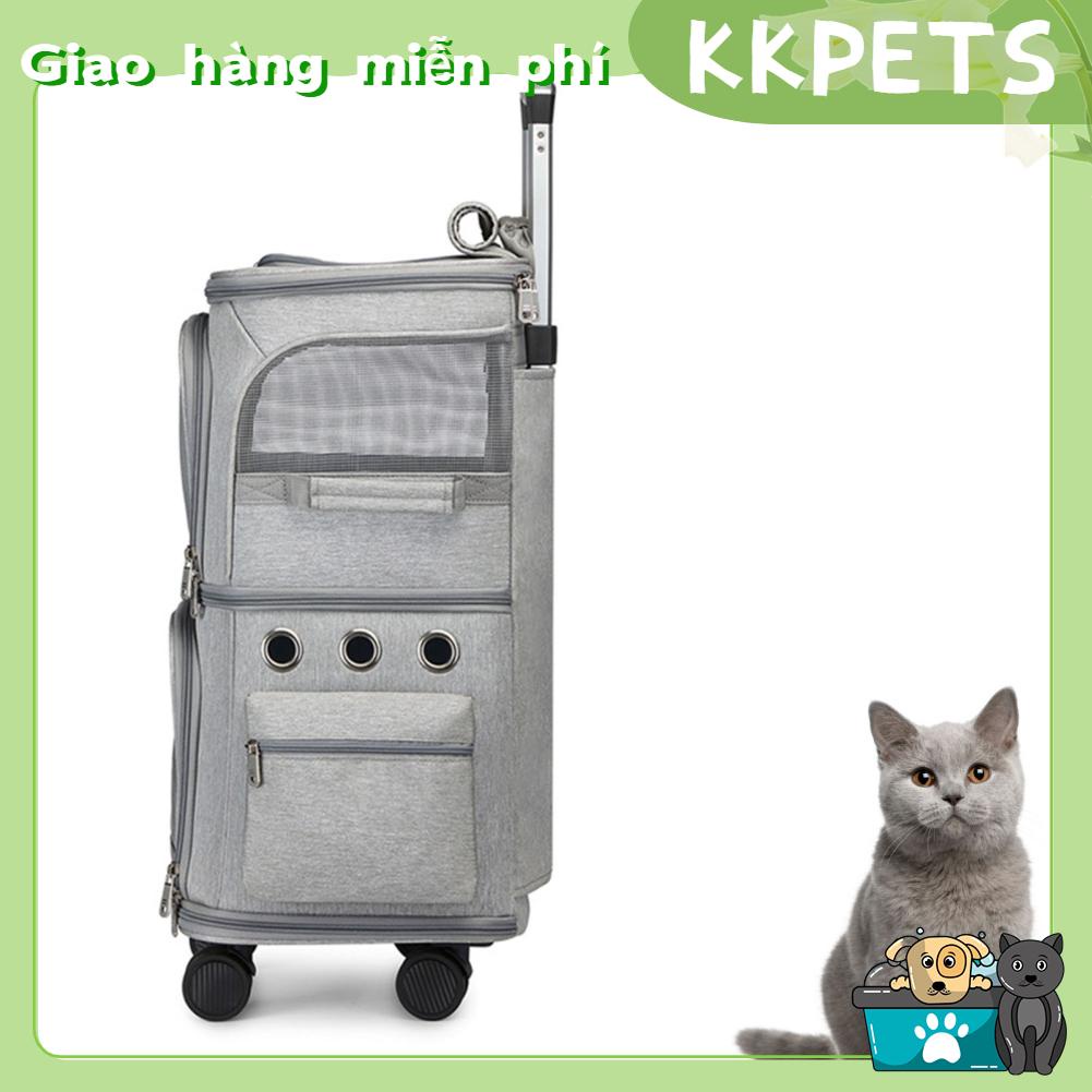 KKPETS Ba lô đựng vật nuôi ngăn đôi Túi gấp ba cho mèo có bánh xe đẩy để đi du lịch