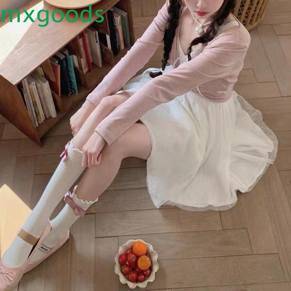 MXGOODS Vớ Lửng Mỏng Đính Nơ Diềm Xếp Nếp Chống Mài Mòn Cá Tính Tươi Mới Cho Nữ