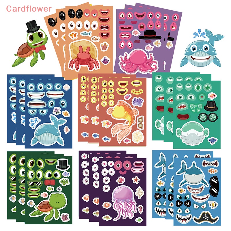 &lt; Cardflower &gt; Bộ 8 Miếng Dán Xếp Hình Động Vật Biển Đại Dương Mặt Tạo Khuôn Mặt Trẻ Em Tạo Hình Cá Mập Bạch Tuộc Đồ Chơi Giáo Dục DIY Mới
