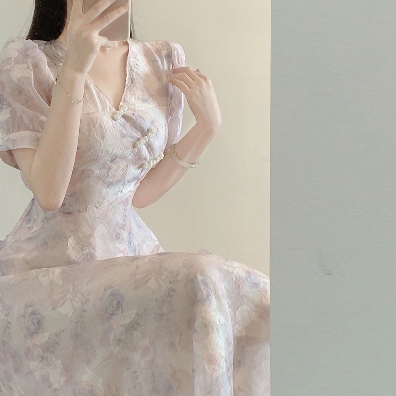 Đầm Sườn Xám Tay Phồng In Họa Tiết Hoa Phong Cách Trung Quốc Thời Trang Mùa Hè Cho Nữ Size S-2XL