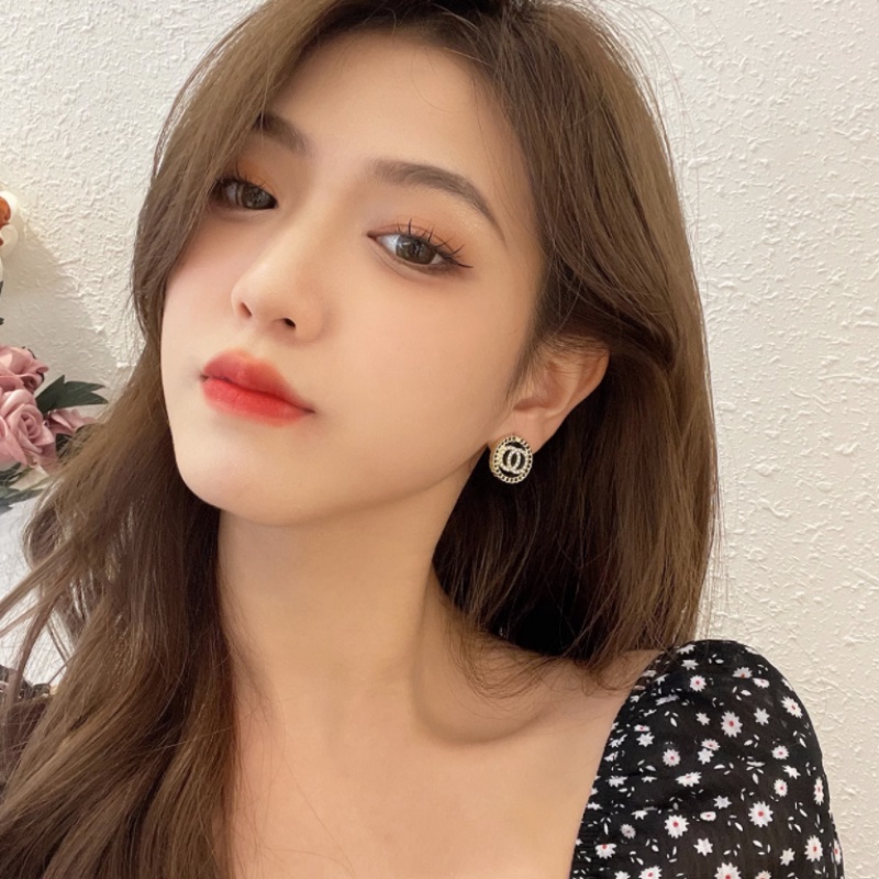 Bông Tai Mạ Bạc 925 Hình Tròn Khắc Chữ Đính Đá Pha Lê Đen Phong Cách Hàn Quốc Thời Trang Cho Nữ