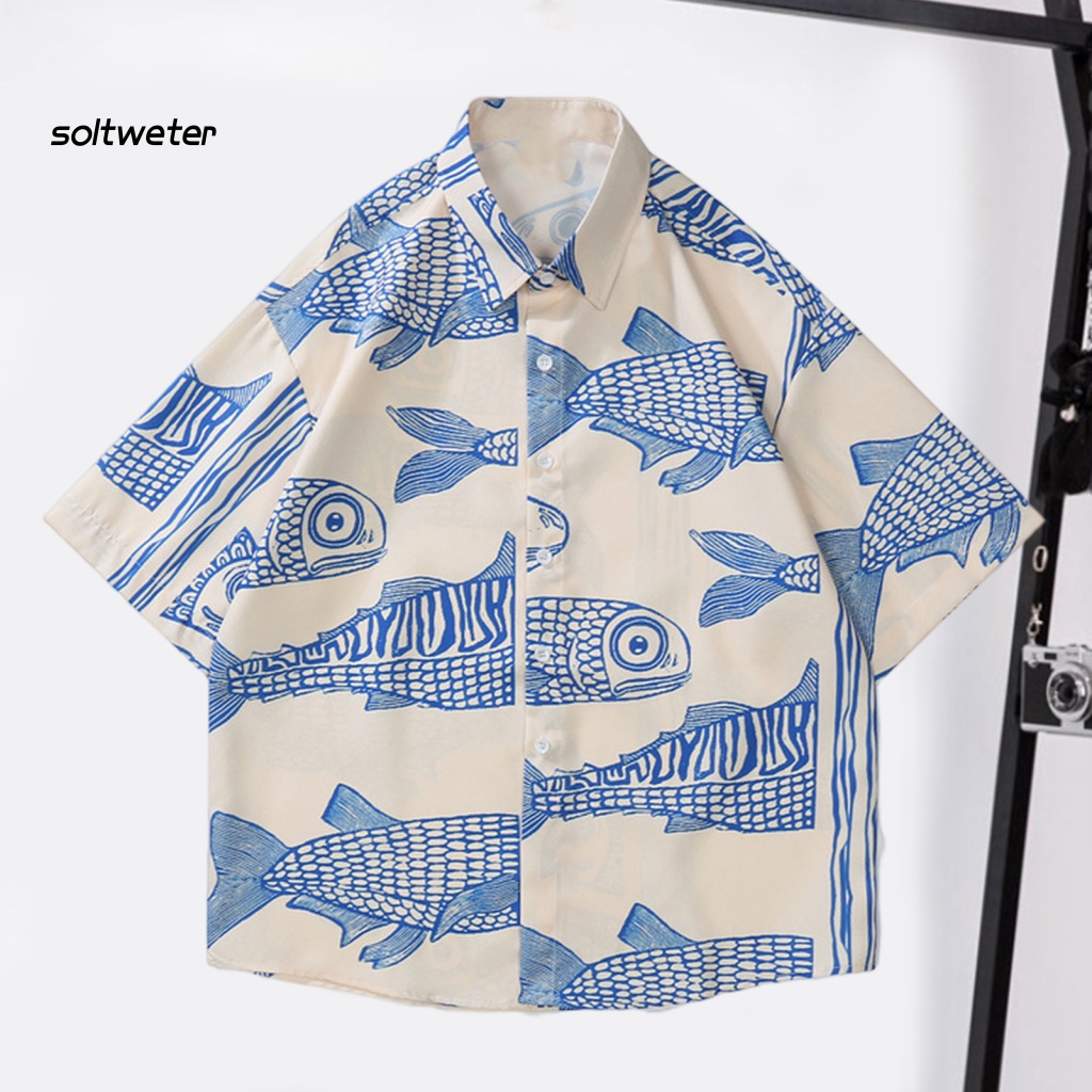 Áo Sơ Mi Tay Ngắn Cổ Bẻ In Họa Tiết Cá 3D Plus Size Thời Trang Đường Phố Mùa Hè Cho Nam
