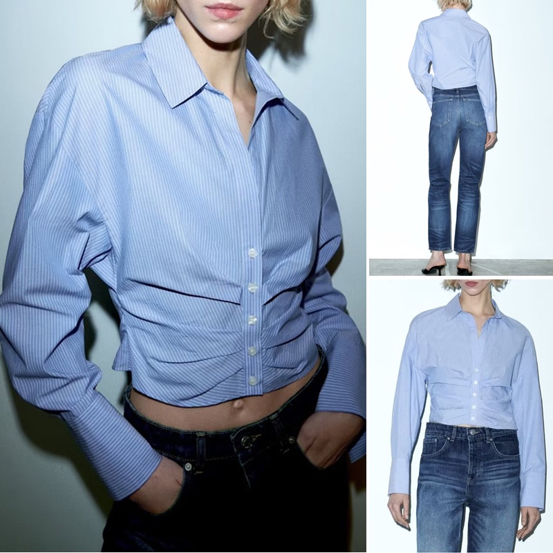 Áo Sơ Mi Zara Tay Dài Xếp Ly Họa Tiết Kẻ Sọc Xanh Dương Phong Cách Pháp Thời Trang Mùa Hè 237563062