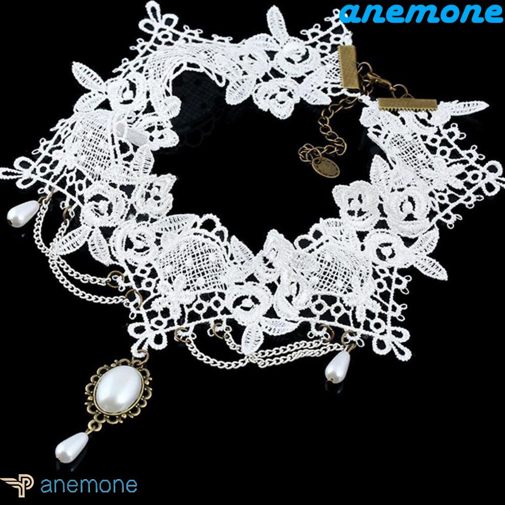 ANEMONE Choker Ren Trắng Tua Rua Phong Cách Punk Cổ Điển