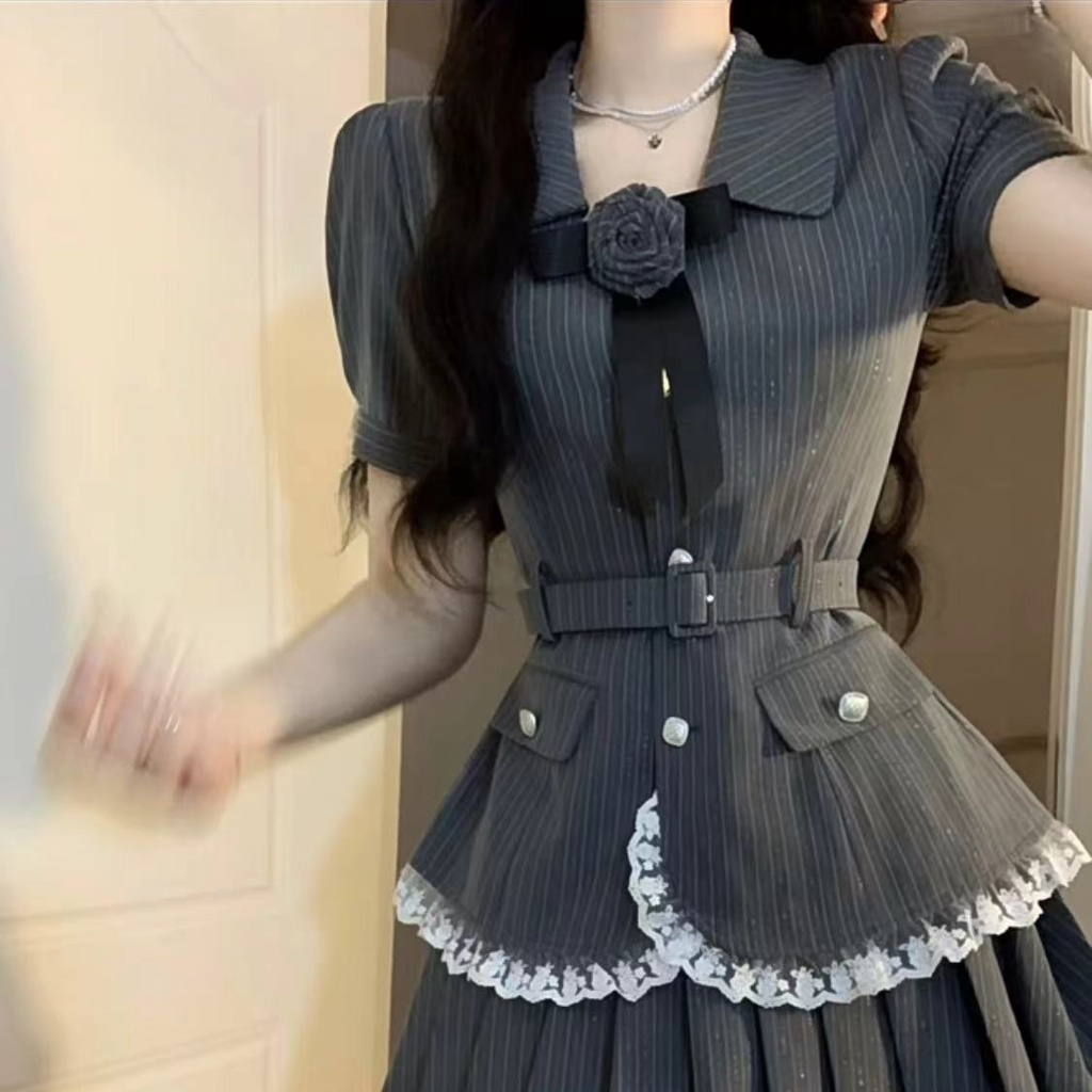 Set Áo Sơ Mi Tay Ngắn Kẻ Sọc Ôm Dáng + Chân Váy Ngắn Thời Trang Hè 2023 Cho Nữ