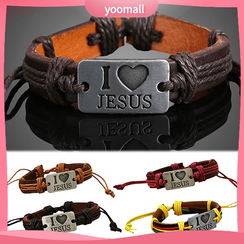 [YM] Vòng Tay Dây Giả Da Mặt Khắc Chữ I LOVE JESUS Có Thể Điều Chỉnh Dành Cho Nam Và Nữ