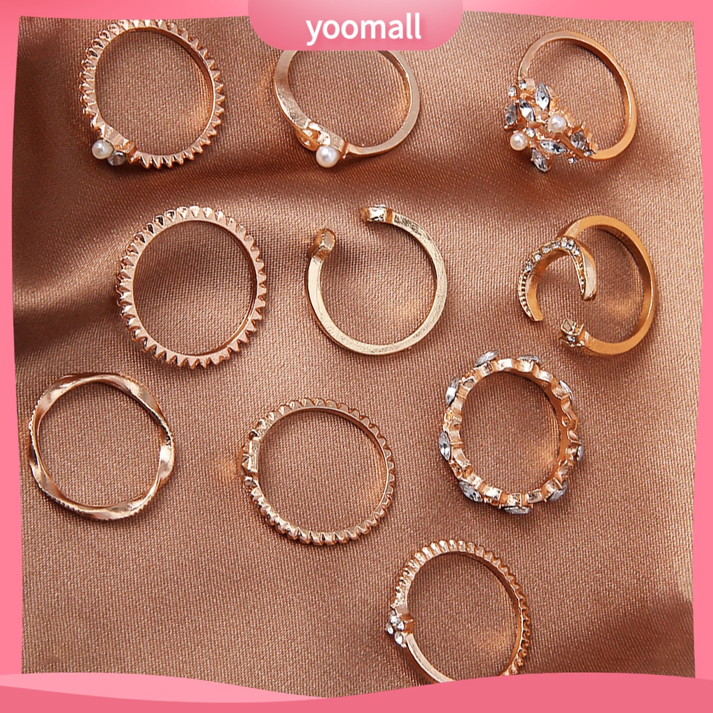 Bộ 10 Nhẫn Thời Trang Hình Học / Lá / Mặt Trăng / Trái Tim Không Phai Màu Trọng Lượng Nhẹ Cho Nữ