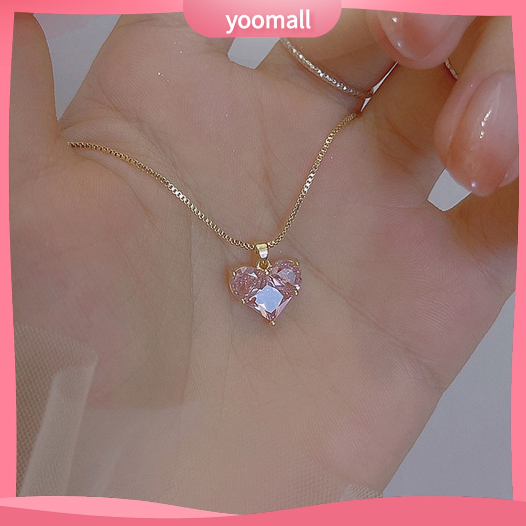 [YM] Vòng cổ Mặt Hình Học Đính Đá Zircon Màu Hồng Lấp Lánh Chống Mài Mòn Không Gây Dị Ứng Dành Cho Nữ