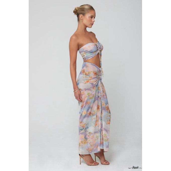Hannie-Women Floral Ruched Mesh Bandeau Top and Long Skirt Set