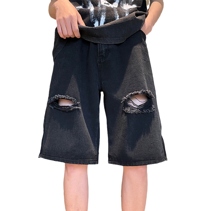 Quần Short Denim Dáng Rộng Rách Gối Phong Cách Đường Phố Mỹ Mùa Hè Cho Nam
