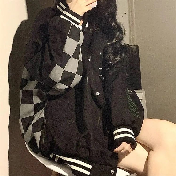 Áo Khoác Bóng Chày Sọc Ca Rô Phong Cách Hàn Quốc Thời Trang Thu Xuân Dành Cho Nữ