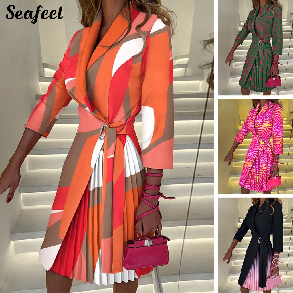 Đầm Cổ V Tay Dài Cột Dây Eo Họa Tiết Hình Học Thời Trang Mùa Thu 44989