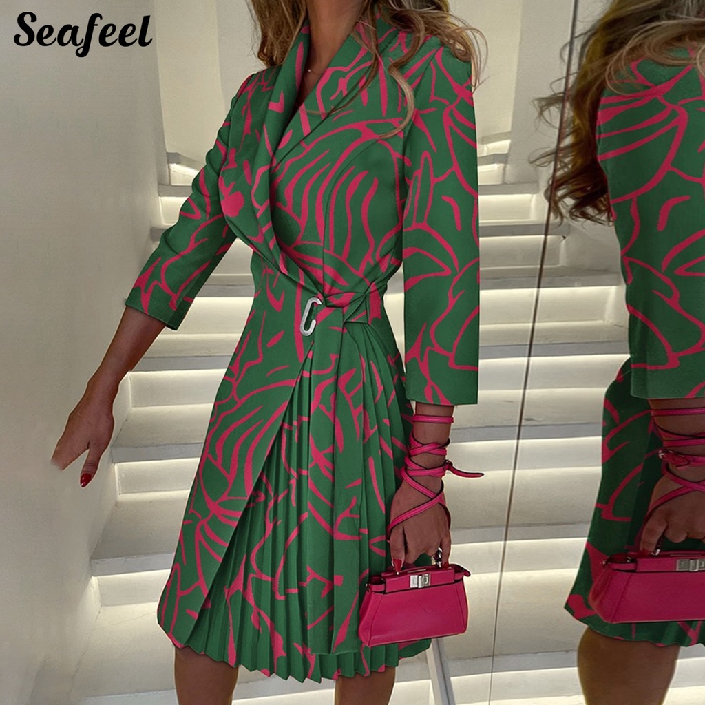 Đầm Cổ V Tay Dài Cột Dây Eo Họa Tiết Hình Học Thời Trang Mùa Thu 44989