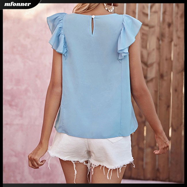 Áo Sơ Mi Công Sở Dáng Rộng Cổ Tròn Tay Bèo Thoáng Khí Thoải Mái Phong Cách Boho Cho Nữ