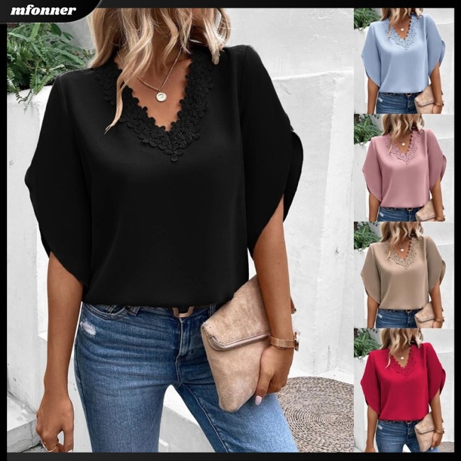 Áo Sơ Mi Nữ Tay Dài Ống Loe Cổ Chữ V Màu Sắc Thanh Lịch