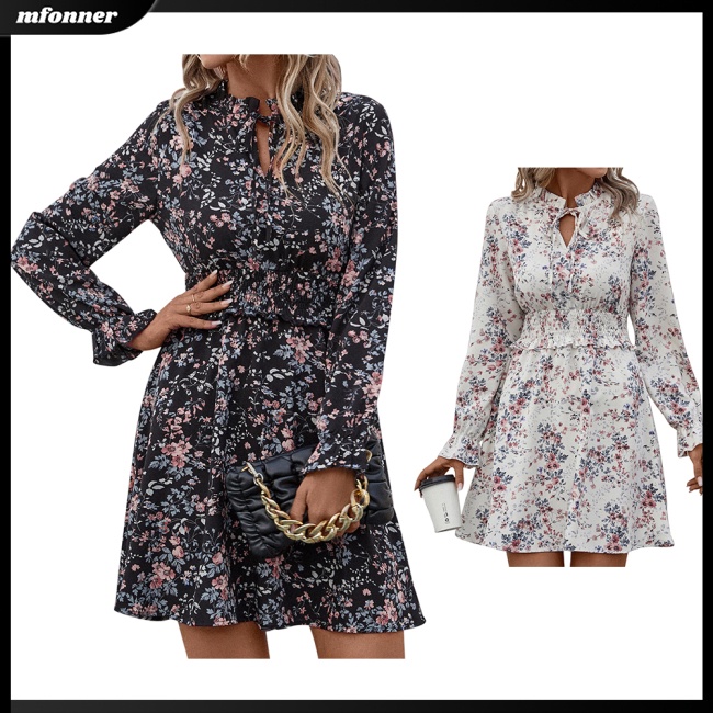 Đầm Ngắn Tay Dài Cổ Chữ V Nhún Bèo Họa Tiết Hoa Thời Trang Mùa Hè Cho Nữ