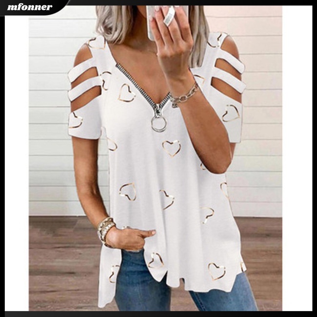 Áo Thun Tay Ngắn Dáng Rộng Cổ Chữ V Có Khóa Kéo In Họa Tiết Thanh Lịch Cho Bạn Gái