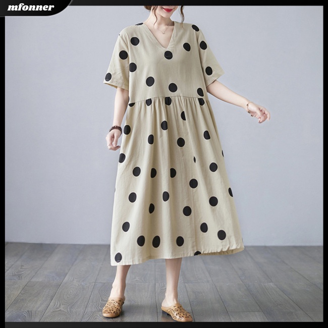 Đầm Cotton Lanh Cổ Chữ V Dáng Rộng Họa Tiết Chấm Bi Thời Trang Mùa Hè Cho Nữ