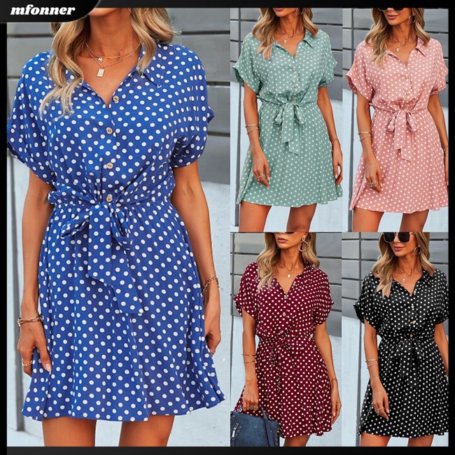 Đầm Tay Ngắn Cổ Bẻ In Họa Tiết Chấm Bi Thời Trang Mùa Hè Xinh Xắn Cho Nữ