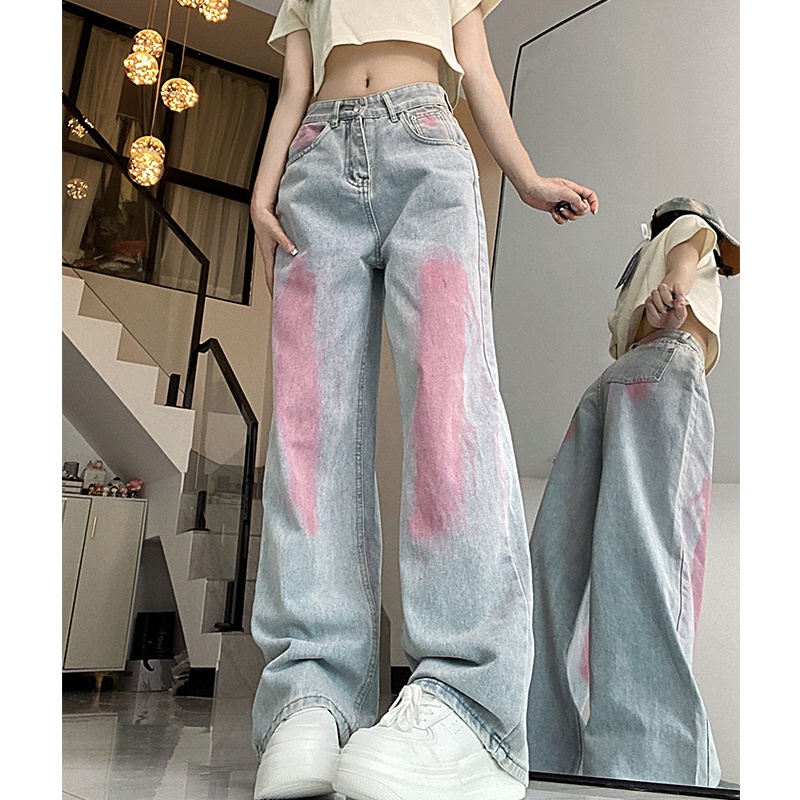 Xin LAN YA SHE Quần Jean Ống Rộng graffiti Phiên Bản Hàn Quốc niche Đơn Giản Hàng Mới Dành Cho Bạn Nữ