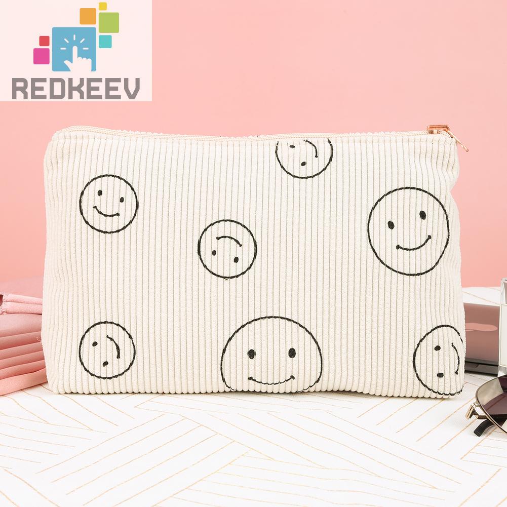 Túi Đựng Mỹ Phẩm Hai Mặt Bằng Vải Nhung Kẻ Dễ Thương Xinh Xắn