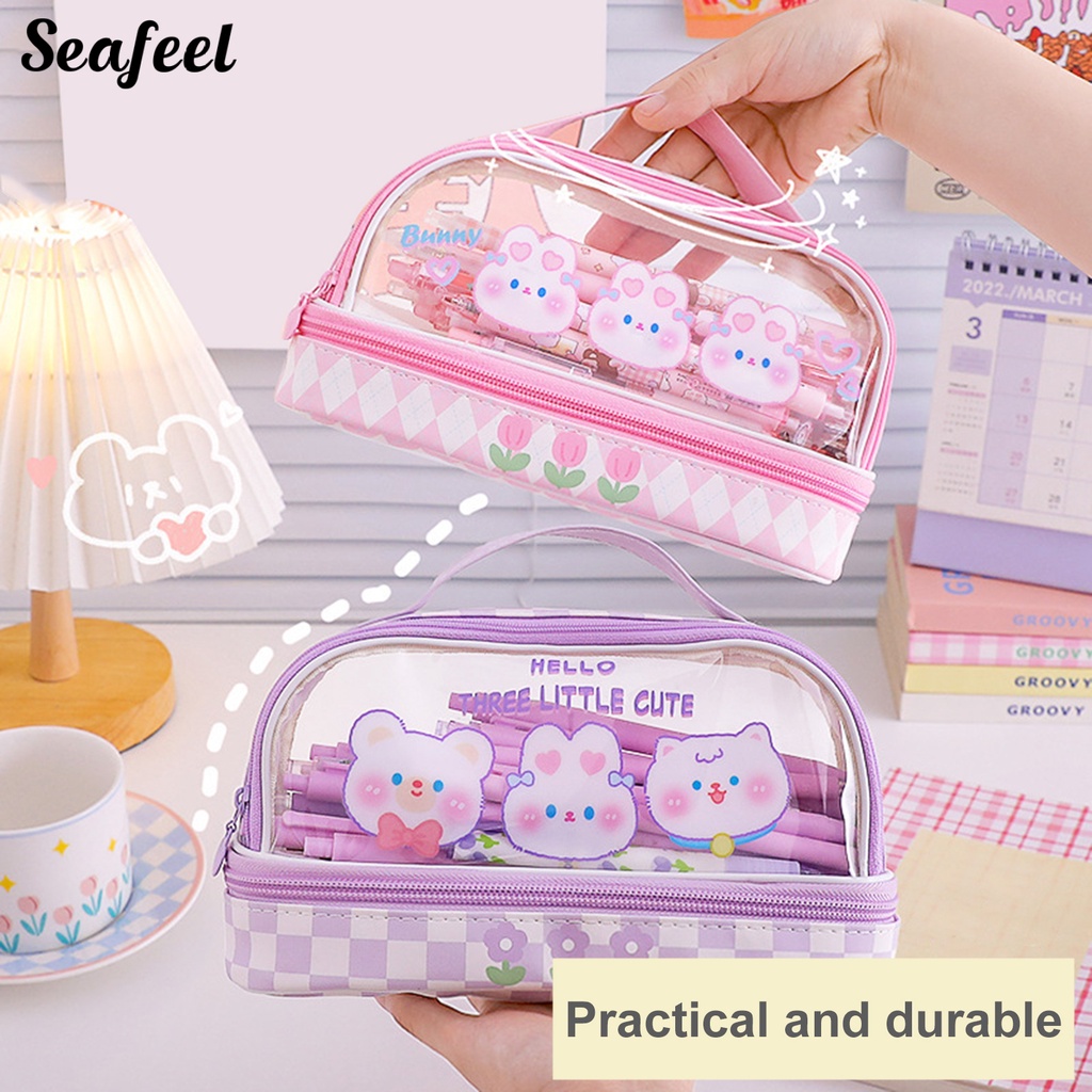 Túi Đựng Bút Chì Hai Lớp Trong Suốt Chống Bụi Sức Chứa Lớn In Họa Tiết Gấu Thỏ Hoạt Hình
