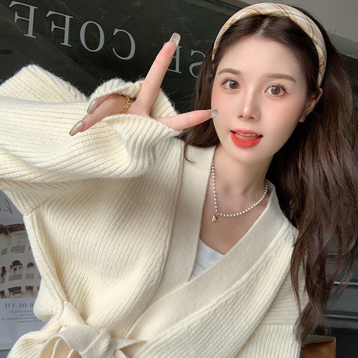 Áo Khoác Cardigan Dệt Kim Tay Dài Cổ Chữ V Phối Nơ Thiết Kế Mới Thời Trang Mùa Thu Dành Cho Nữ