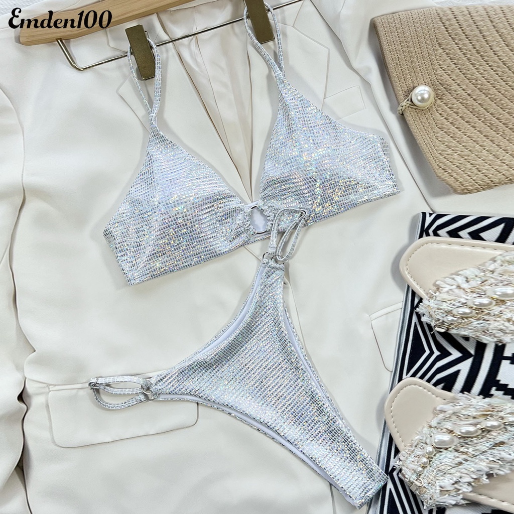 Bộ Bikini Màu Sắc Bạc Có Vòng Kim Loại Quyến Rũ Cho Nữ