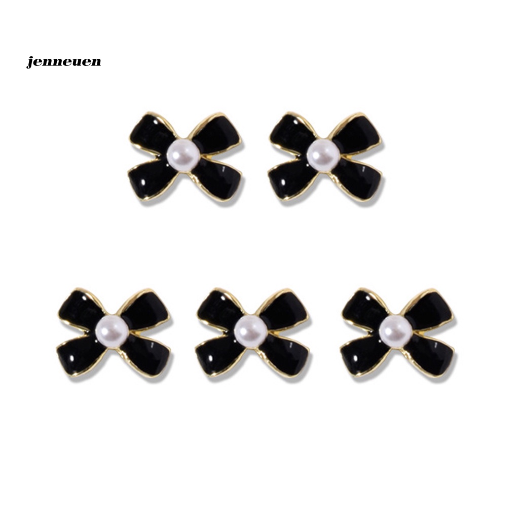 Set 5 Móng Tay Giả Bằng Kim Loại Đính Hạt Charm Nơ Trắng Đen Tự Nhiên Sáng Tạo