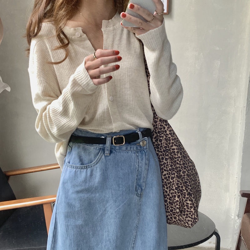 Áo Cardigan Dệt Kim Tay Dài Dáng Rộng Cổ Tròn Họa Tiết Kẻ Sọc Màu Trắng Phong Cách Hàn Quốc Thời Trang Mới Cho Nữ