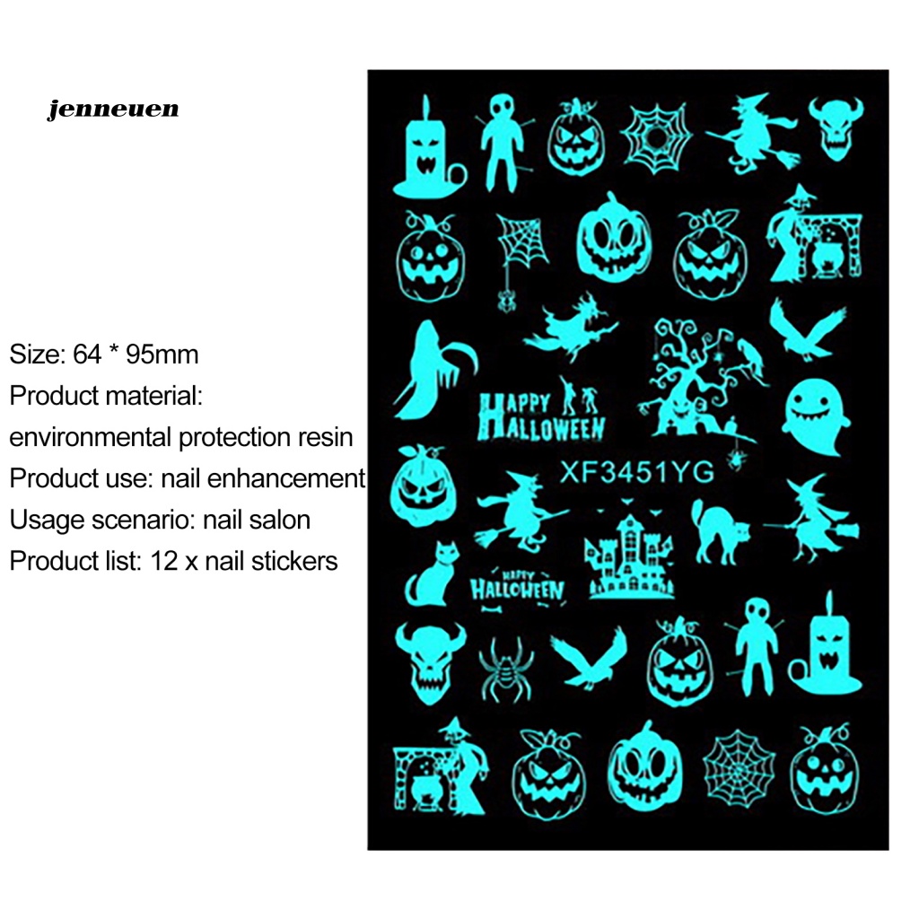 Set 12 Nhãn Dán Móng Tay Dạ Quang Tự Dính Họa Tiết Halloween Tinh Tế