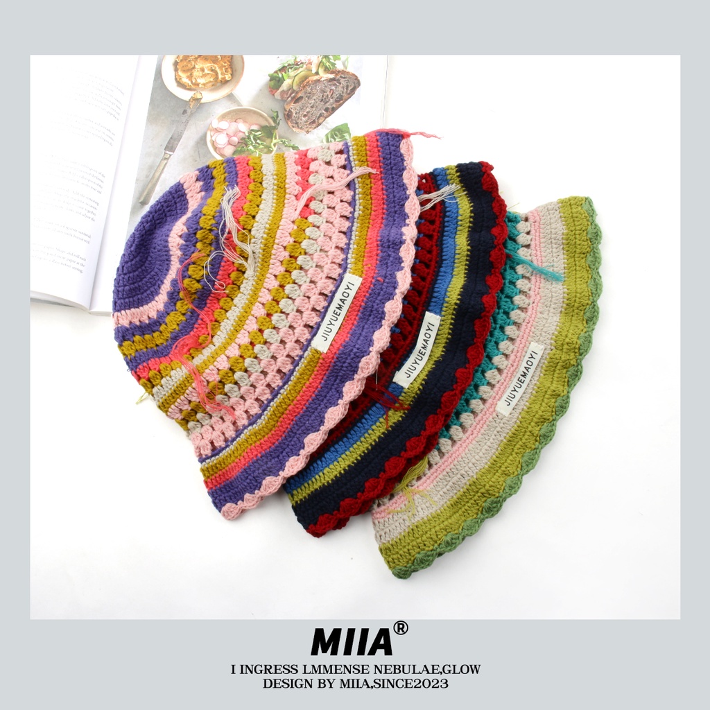 Nón Bucket Đan Len Thủ Công Màu Sắc Tương Phản Thời Trang Cho Nữ